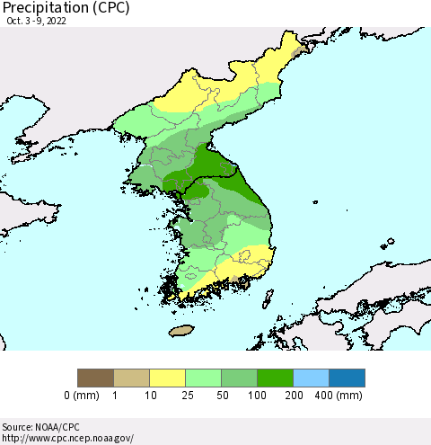 Korea Precipitation (CPC) Thematic Map For 10/3/2022 - 10/9/2022