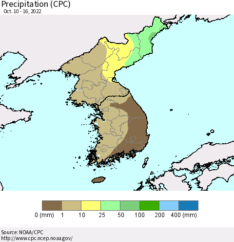 Korea Precipitation (CPC) Thematic Map For 10/10/2022 - 10/16/2022