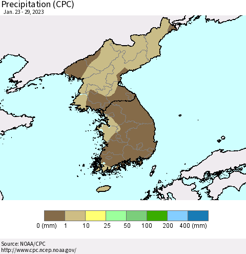 Korea Precipitation (CPC) Thematic Map For 1/23/2023 - 1/29/2023