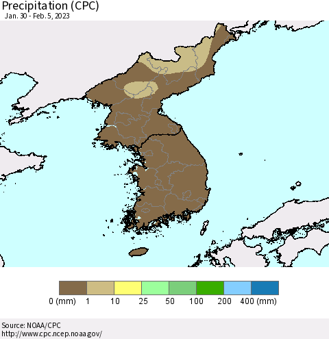 Korea Precipitation (CPC) Thematic Map For 1/30/2023 - 2/5/2023
