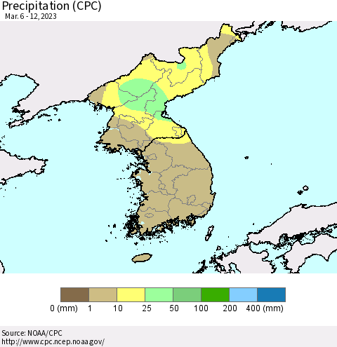 Korea Precipitation (CPC) Thematic Map For 3/6/2023 - 3/12/2023