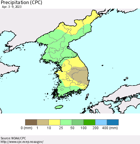 Korea Precipitation (CPC) Thematic Map For 4/3/2023 - 4/9/2023