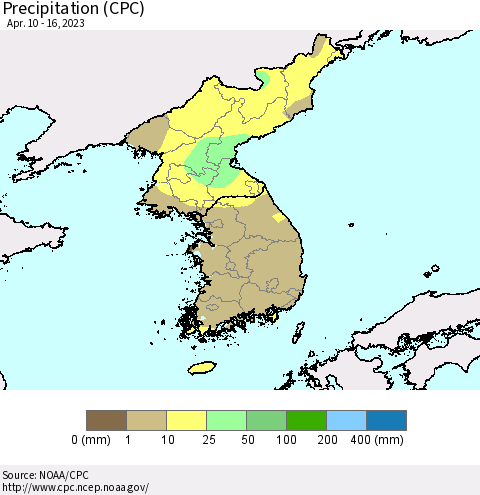 Korea Precipitation (CPC) Thematic Map For 4/10/2023 - 4/16/2023