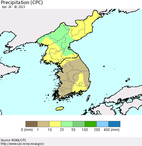 Korea Precipitation (CPC) Thematic Map For 4/24/2023 - 4/30/2023