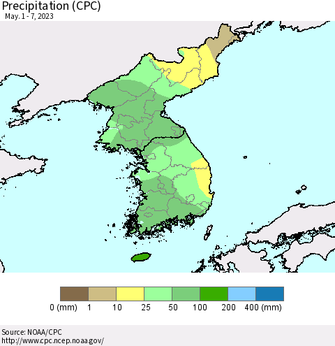 Korea Precipitation (CPC) Thematic Map For 5/1/2023 - 5/7/2023