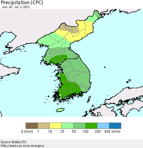 Korea Precipitation (CPC) Thematic Map For 6/26/2023 - 7/2/2023