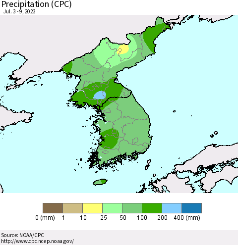 Korea Precipitation (CPC) Thematic Map For 7/3/2023 - 7/9/2023