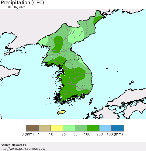 Korea Precipitation (CPC) Thematic Map For 7/10/2023 - 7/16/2023