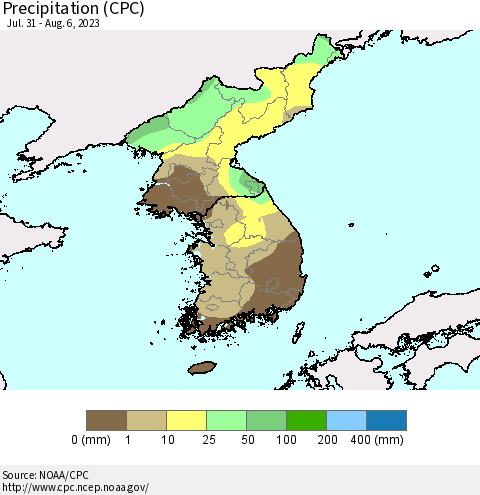 Korea Precipitation (CPC) Thematic Map For 7/31/2023 - 8/6/2023