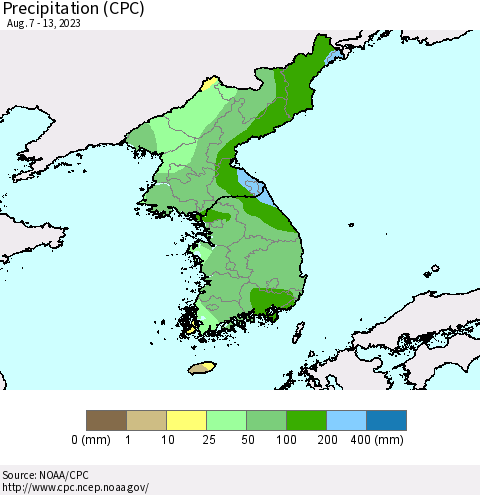 Korea Precipitation (CPC) Thematic Map For 8/7/2023 - 8/13/2023
