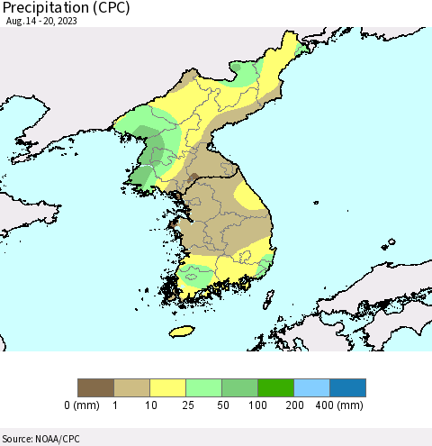 Korea Precipitation (CPC) Thematic Map For 8/14/2023 - 8/20/2023