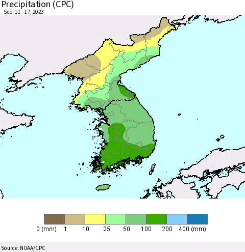 Korea Precipitation (CPC) Thematic Map For 9/11/2023 - 9/17/2023