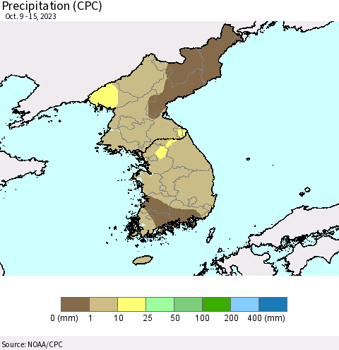 Korea Precipitation (CPC) Thematic Map For 10/9/2023 - 10/15/2023