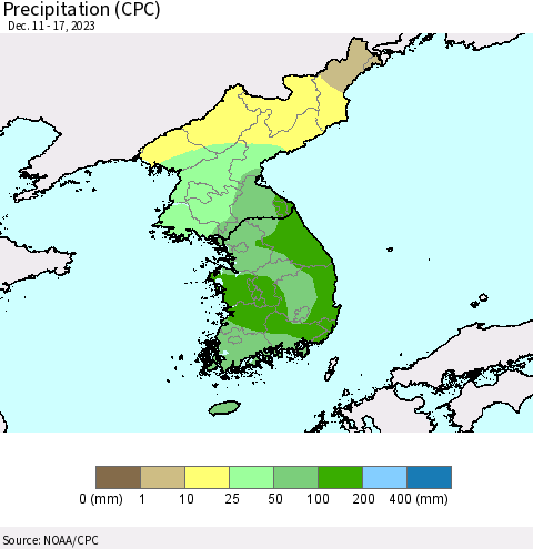 Korea Precipitation (CPC) Thematic Map For 12/11/2023 - 12/17/2023
