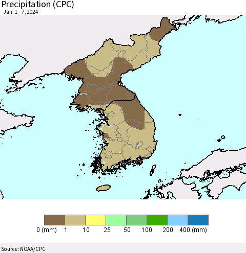 Korea Precipitation (CPC) Thematic Map For 1/1/2024 - 1/7/2024