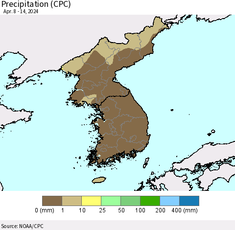Korea Precipitation (CPC) Thematic Map For 4/8/2024 - 4/14/2024