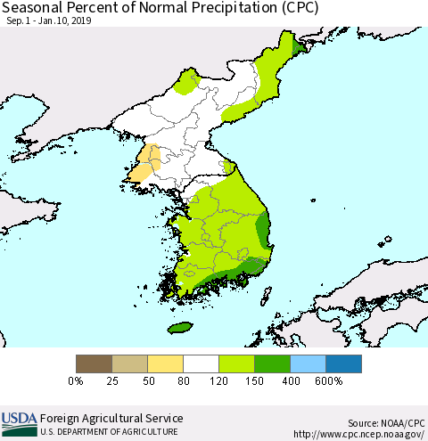 Korea Seasonal Percent of Normal Precipitation (CPC) Thematic Map For 9/1/2018 - 1/10/2019