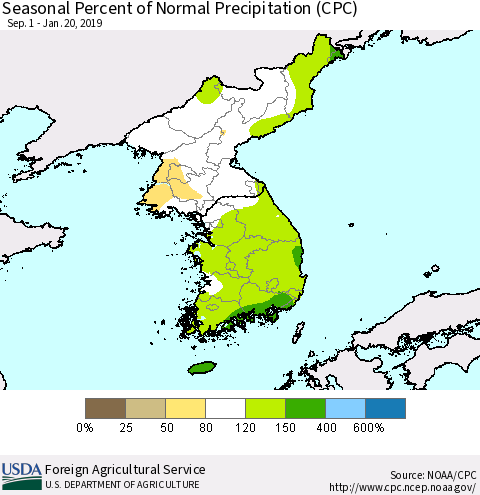 Korea Seasonal Percent of Normal Precipitation (CPC) Thematic Map For 9/1/2018 - 1/20/2019
