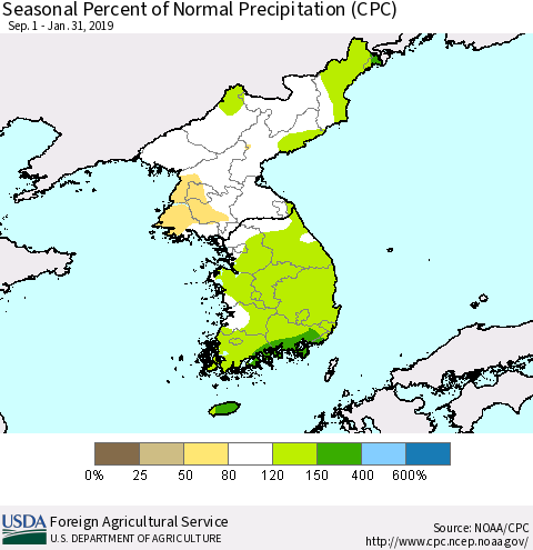 Korea Seasonal Percent of Normal Precipitation (CPC) Thematic Map For 9/1/2018 - 1/31/2019