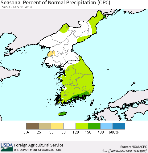 Korea Seasonal Percent of Normal Precipitation (CPC) Thematic Map For 9/1/2018 - 2/10/2019