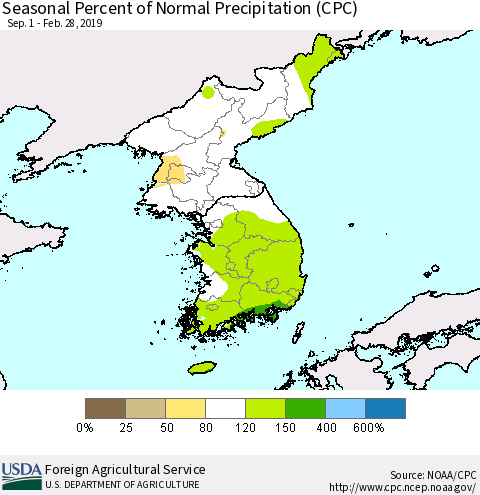 Korea Seasonal Percent of Normal Precipitation (CPC) Thematic Map For 9/1/2018 - 2/28/2019