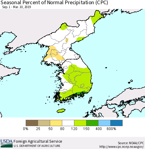 Korea Seasonal Percent of Normal Precipitation (CPC) Thematic Map For 9/1/2018 - 3/10/2019