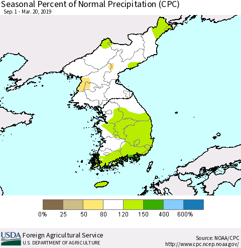 Korea Seasonal Percent of Normal Precipitation (CPC) Thematic Map For 9/1/2018 - 3/20/2019
