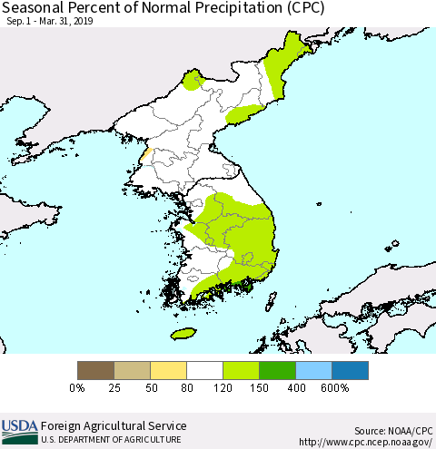 Korea Seasonal Percent of Normal Precipitation (CPC) Thematic Map For 9/1/2018 - 3/31/2019