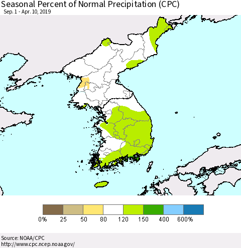 Korea Seasonal Percent of Normal Precipitation (CPC) Thematic Map For 9/1/2018 - 4/10/2019