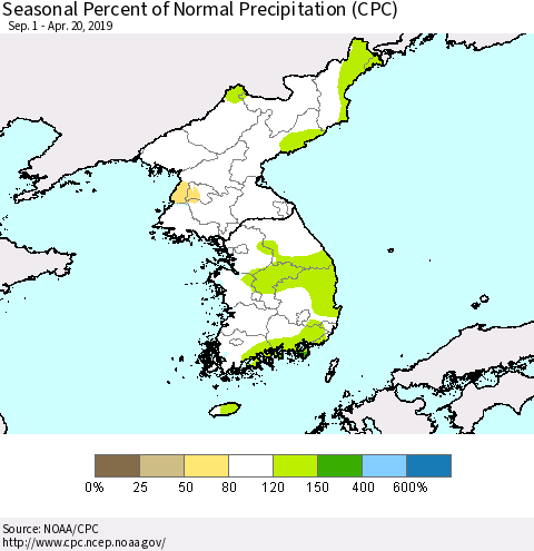 Korea Seasonal Percent of Normal Precipitation (CPC) Thematic Map For 9/1/2018 - 4/20/2019
