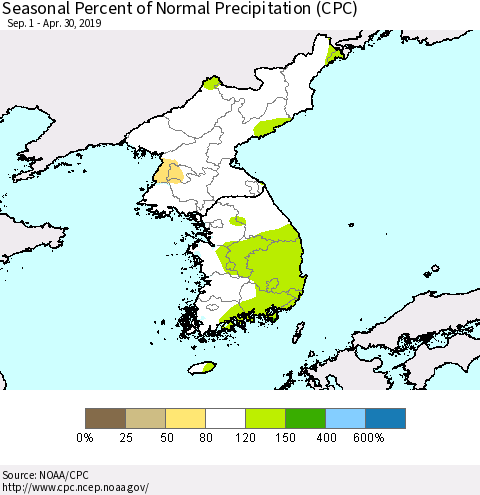 Korea Seasonal Percent of Normal Precipitation (CPC) Thematic Map For 9/1/2018 - 4/30/2019