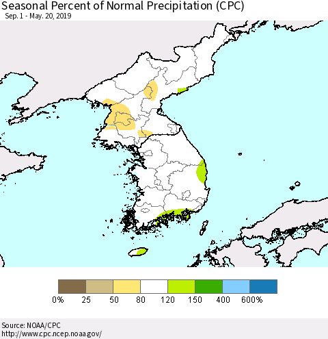 Korea Seasonal Percent of Normal Precipitation (CPC) Thematic Map For 9/1/2018 - 5/20/2019