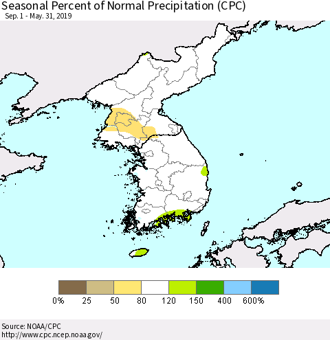 Korea Seasonal Percent of Normal Precipitation (CPC) Thematic Map For 9/1/2018 - 5/31/2019