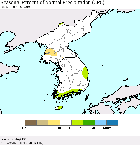Korea Seasonal Percent of Normal Precipitation (CPC) Thematic Map For 9/1/2018 - 6/10/2019