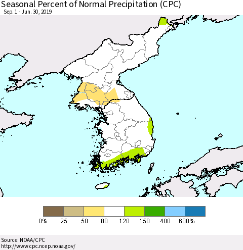 Korea Seasonal Percent of Normal Precipitation (CPC) Thematic Map For 9/1/2018 - 6/30/2019
