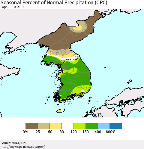 Korea Seasonal Percent of Normal Precipitation (CPC) Thematic Map For 4/1/2019 - 4/10/2019