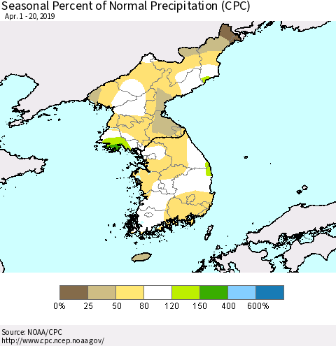 Korea Seasonal Percent of Normal Precipitation (CPC) Thematic Map For 4/1/2019 - 4/20/2019