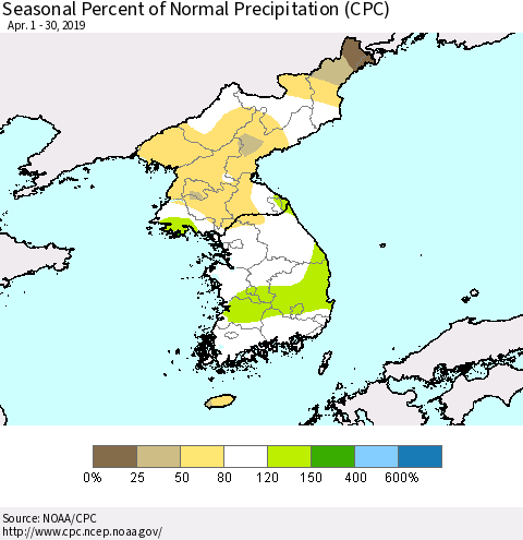 Korea Seasonal Percent of Normal Precipitation (CPC) Thematic Map For 4/1/2019 - 4/30/2019