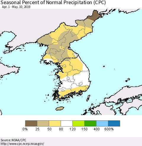 Korea Seasonal Percent of Normal Precipitation (CPC) Thematic Map For 4/1/2019 - 5/10/2019