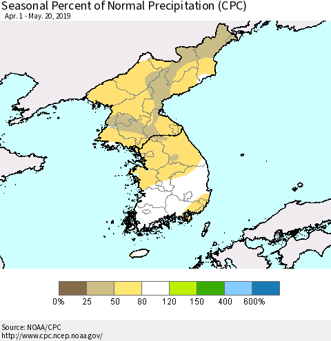 Korea Seasonal Percent of Normal Precipitation (CPC) Thematic Map For 4/1/2019 - 5/20/2019