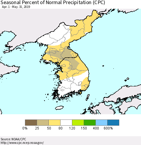 Korea Seasonal Percent of Normal Precipitation (CPC) Thematic Map For 4/1/2019 - 5/31/2019