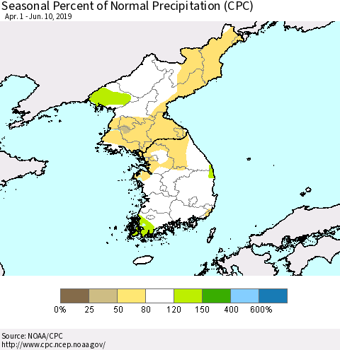 Korea Seasonal Percent of Normal Precipitation (CPC) Thematic Map For 4/1/2019 - 6/10/2019