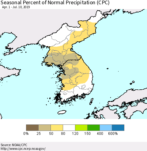 Korea Seasonal Percent of Normal Precipitation (CPC) Thematic Map For 4/1/2019 - 7/10/2019