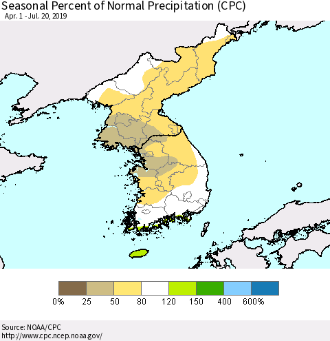 Korea Seasonal Percent of Normal Precipitation (CPC) Thematic Map For 4/1/2019 - 7/20/2019