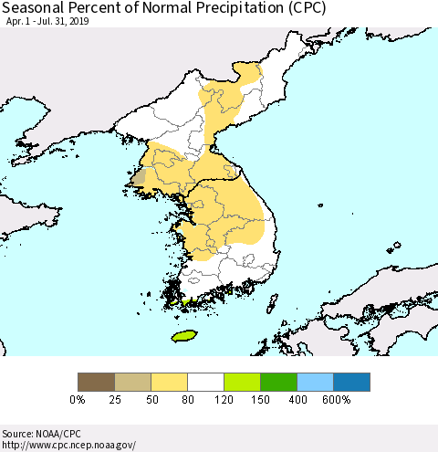 Korea Seasonal Percent of Normal Precipitation (CPC) Thematic Map For 4/1/2019 - 7/31/2019
