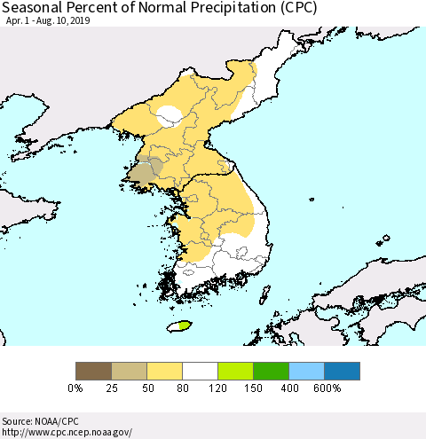 Korea Seasonal Percent of Normal Precipitation (CPC) Thematic Map For 4/1/2019 - 8/10/2019