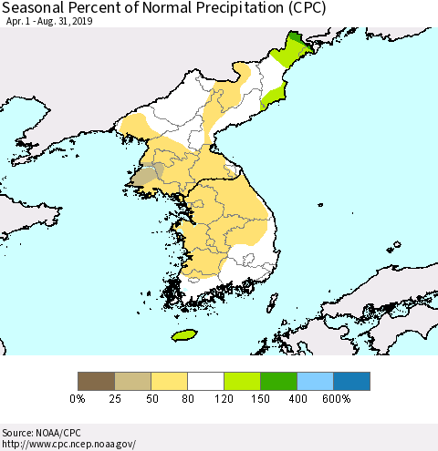 Korea Seasonal Percent of Normal Precipitation (CPC) Thematic Map For 4/1/2019 - 8/31/2019