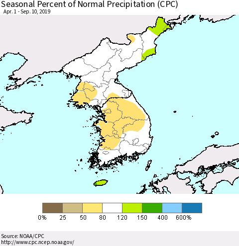 Korea Seasonal Percent of Normal Precipitation (CPC) Thematic Map For 4/1/2019 - 9/10/2019