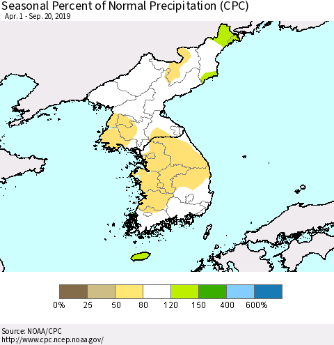 Korea Seasonal Percent of Normal Precipitation (CPC) Thematic Map For 4/1/2019 - 9/20/2019