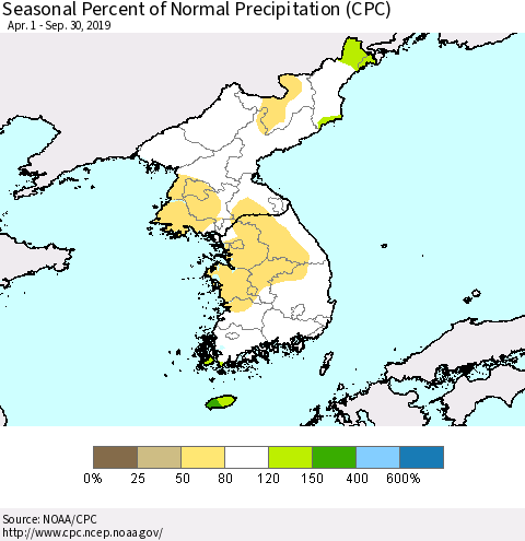 Korea Seasonal Percent of Normal Precipitation (CPC) Thematic Map For 4/1/2019 - 9/30/2019